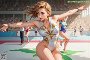 A woman in a blue bathing suit standing on a wrestling mat.