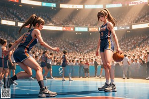 A woman in a yellow and white uniform sitting on a basketball court.