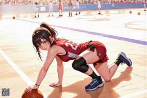 A woman in a basketball uniform holding a basketball on a court.