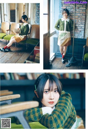 A collage of photos of a woman sitting on a couch.