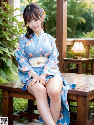 A woman in a kimono posing naked in a garden.