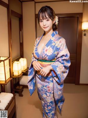 A woman in a kimono sitting on the floor.