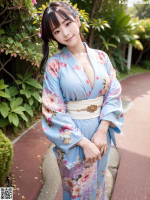 A woman in a blue kimono standing in front of a building.