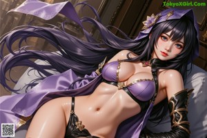 A woman with long purple hair sitting on a ledge.