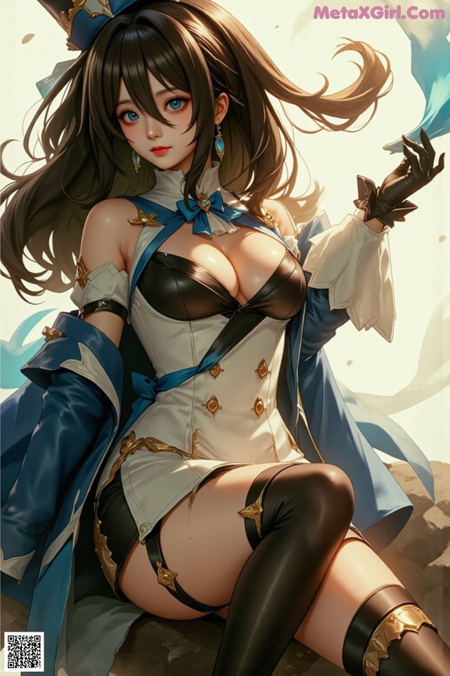 Hentai - Luminous Charm of the Aquatic Enchantress Set.1 20250125 Part 7 No.b5b627 A woman in a blue and white outfit sitting on a rock.