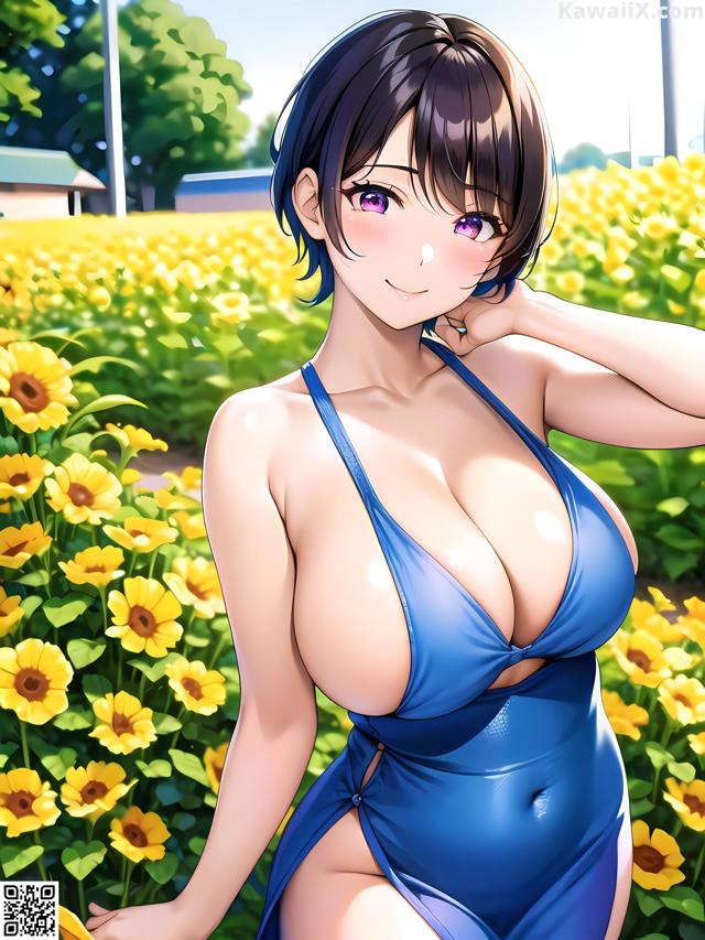 Hentai - 华彩繁花 Set 2 20230602 Part 15 No.6c6c3a A woman in a blue bathing suit standing in a field of yellow flowers.