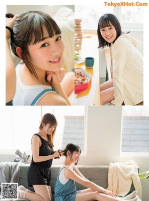 A collage of photos of a young woman sitting at a table.