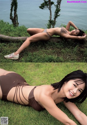 A woman in a leopard print bikini posing for a picture.