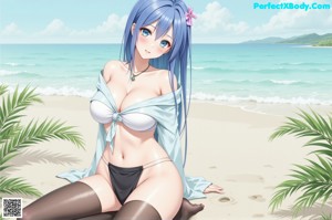 Anime girl with big tits sitting on a bed.