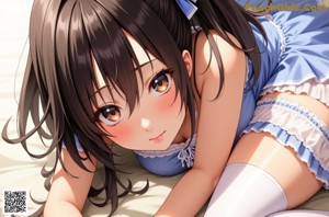 A woman in a blue and white dress sitting on a bed.