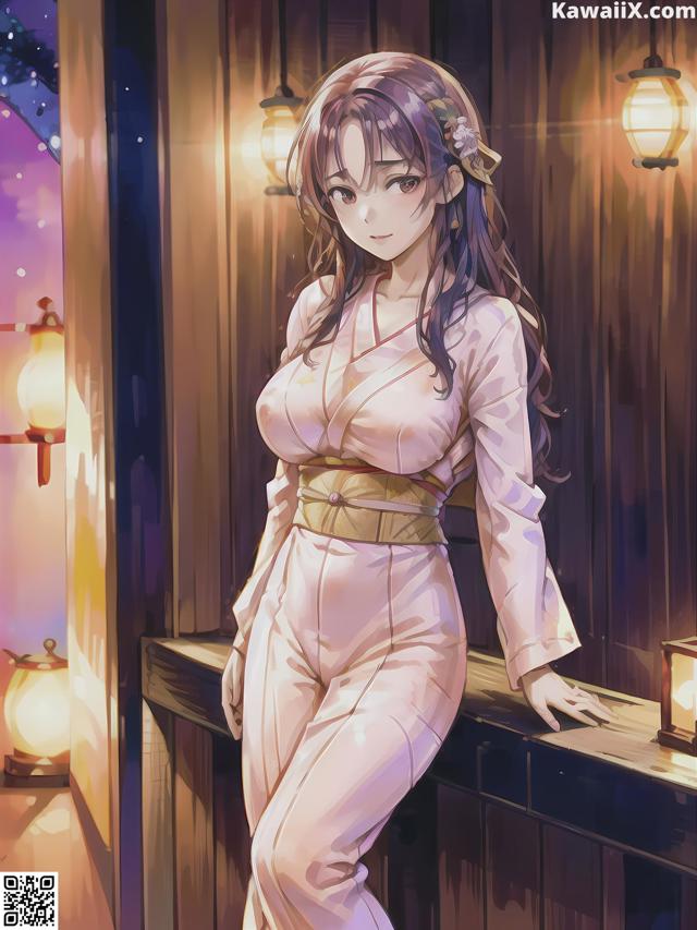 A woman in a pink kimono leaning against a wall.