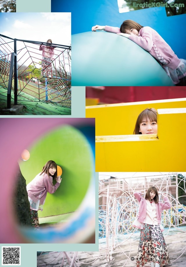 A collage of photos of a girl in a pink sweater and skirt.