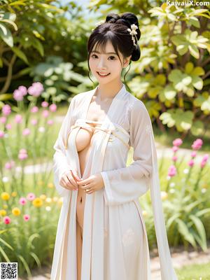 A woman in a blue and pink hanbok sitting on the floor.