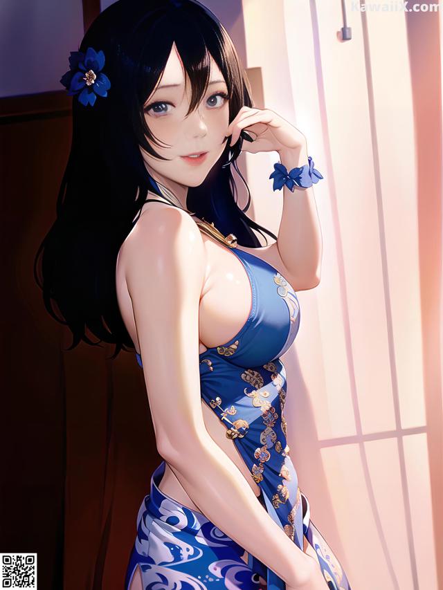 A woman in a blue and white dress posing for a picture.