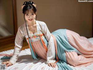 A woman in a white robe is posing for the camera.
