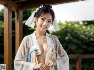 A woman in a pink and blue hanbok is posing for a picture.