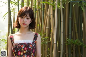 A woman in a colorful dress posing on a wooden bench.