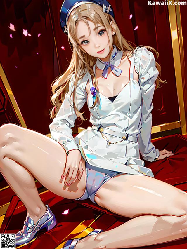A woman in a white dress and blue hat sitting on a bed.