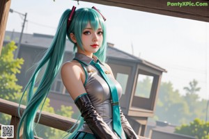 A woman with long blue hair sitting on top of a box.