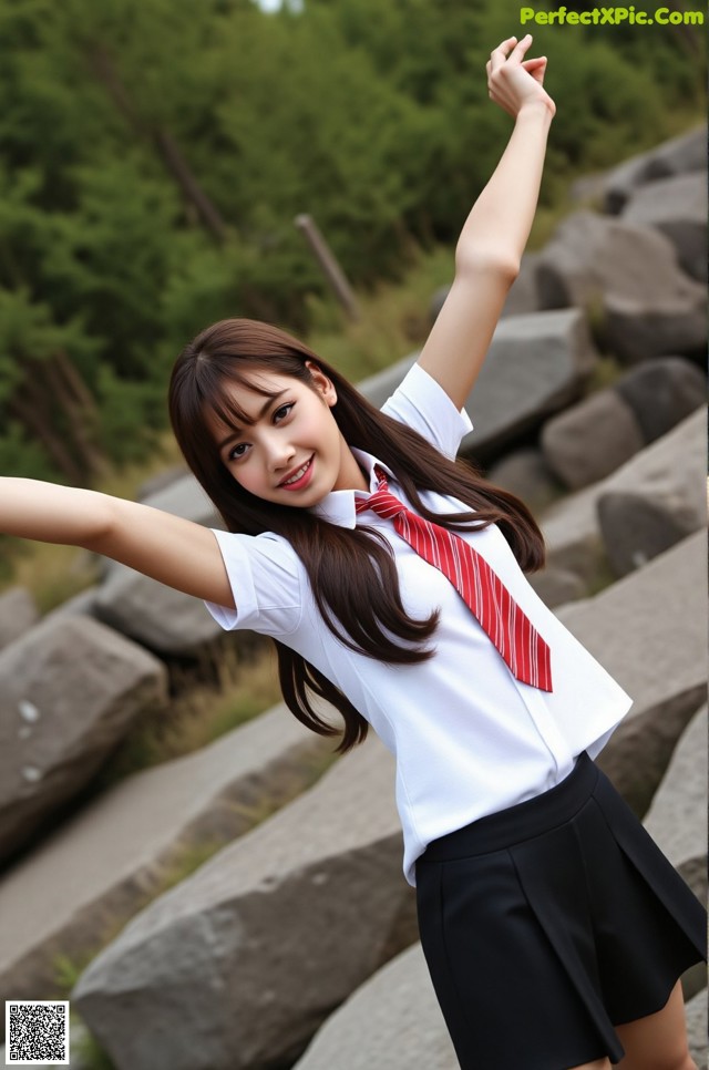 A woman in a school uniform posing for a picture.