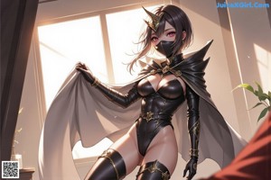 A woman in a mask is sitting on a bed.