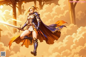 A woman in a white dress holding a sword.