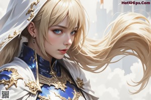 A woman in a blue and white outfit holding a sword.