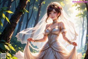 A woman in a wedding dress standing in the woods.