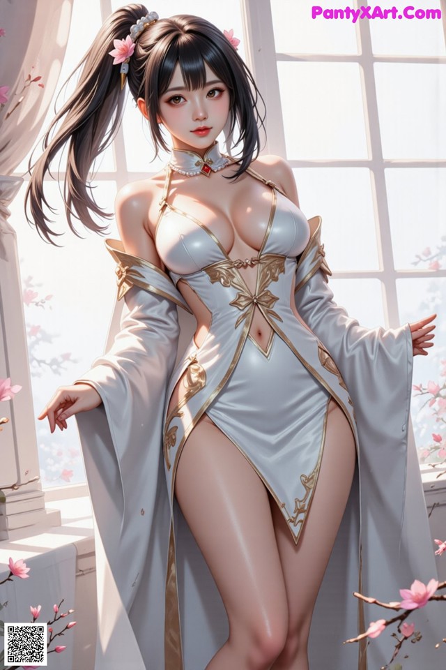 Hentai - The Frozen Elegance That Melts Starlight Set.1 20250104 Part 12 No.1a194a A woman in a white and gold outfit posing in front of a window.