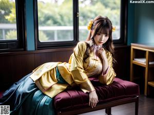 A woman in a blue and orange hanbok standing in front of a window.