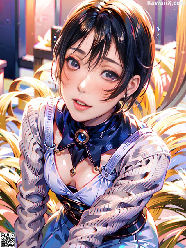 A woman in a blue and white outfit sitting on a chair.