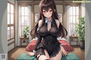 Anime girl in lingerie sitting on a wooden deck.