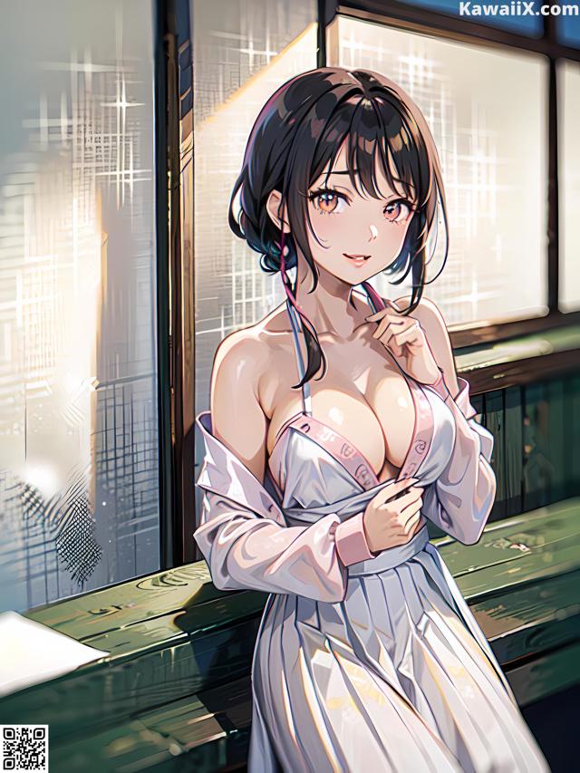A woman in a white dress standing in front of a window.