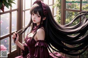 A woman with long black hair wearing a dress and hat.
