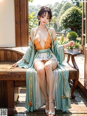 A woman in a blue kimono sitting on a bed.