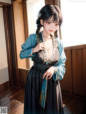 A woman in a blue kimono sitting on a bed.