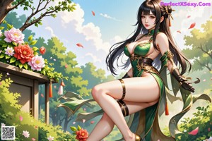 A woman in a green dress sitting on a wooden bench.