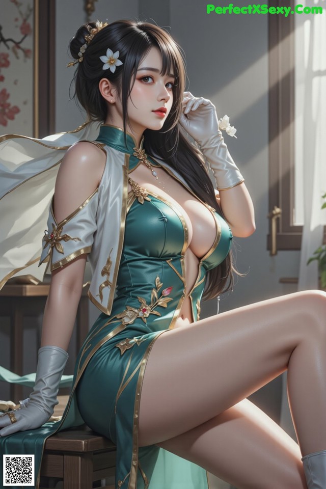 Hentai - The Frozen Elegance That Melts Starlight Set.2 20250106 Part 10 No.f6ac09 A woman in a green dress sitting on a wooden bench.