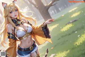 Anime girl with big tits posing naked in a fur coat.