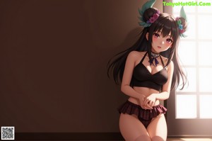 Anime girl with green hair and black stockings sitting on a bed.