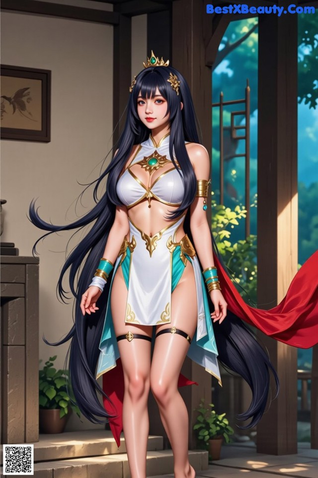 Hentai - Under the Radiance of Celestial Grace Set.1 20250106 Part 13 No.32931a A woman in a white and blue outfit with a red cape.