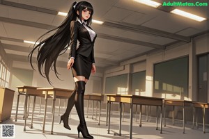 A woman in a black dress standing in front of a classroom.
