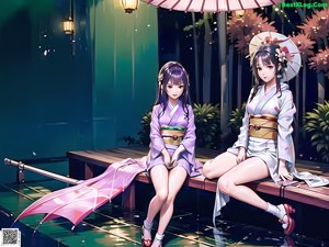 A woman in a kimono sitting on a bench under an umbrella.