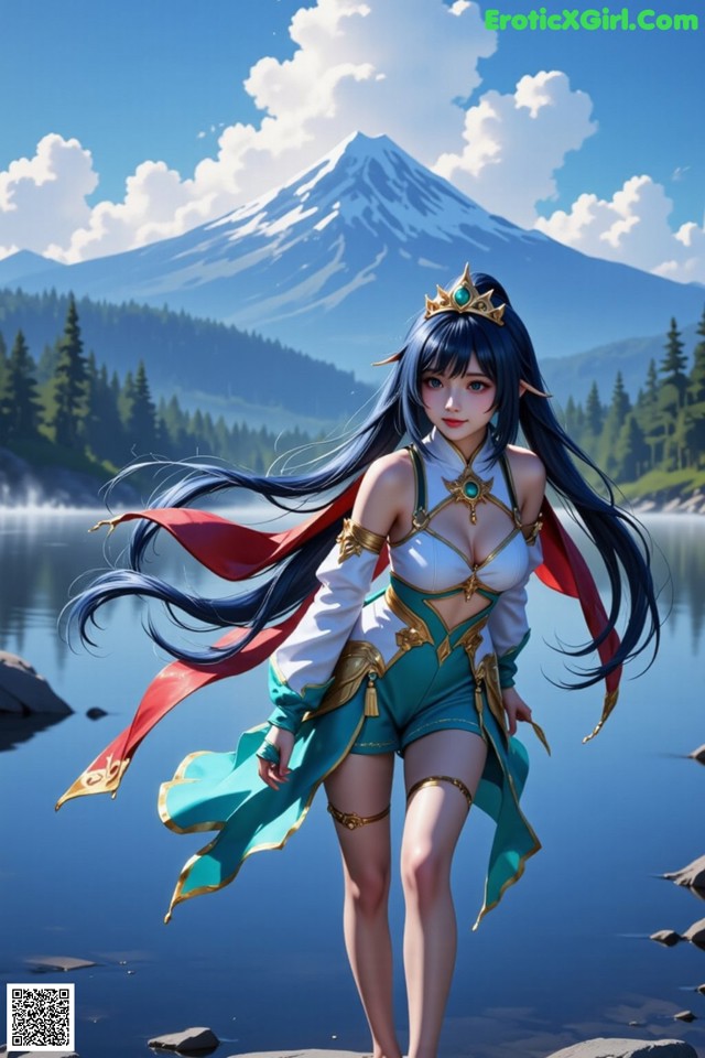 Hentai - Under the Radiance of Celestial Grace Set.1 20250106 Part 6 No.ead397 A woman with long blue hair standing in front of a lake.