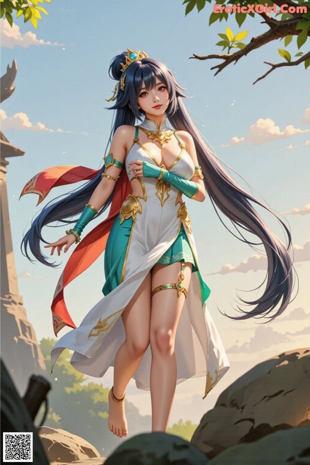 Hentai - Under the Radiance of Celestial Grace Set.1 20250106 Part 6 No.ead397 A woman in a white and green dress standing on a rock.