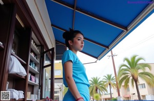 A woman in a white top and pink skirt posing for a picture.