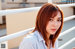 A woman with long red hair leaning against a wall.