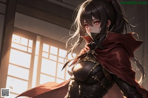 A woman in a black and red outfit holding a sword.