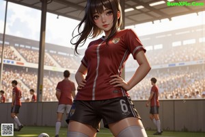 A woman in a soccer uniform standing under a tree.