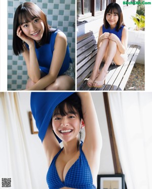 A woman in a blue bikini sitting on a table.
